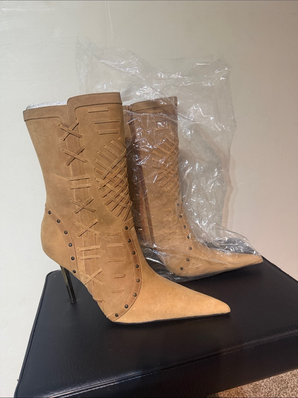 Steve Madden Tan Suede Pointed Toe Stiletto Mid-Calf Boots